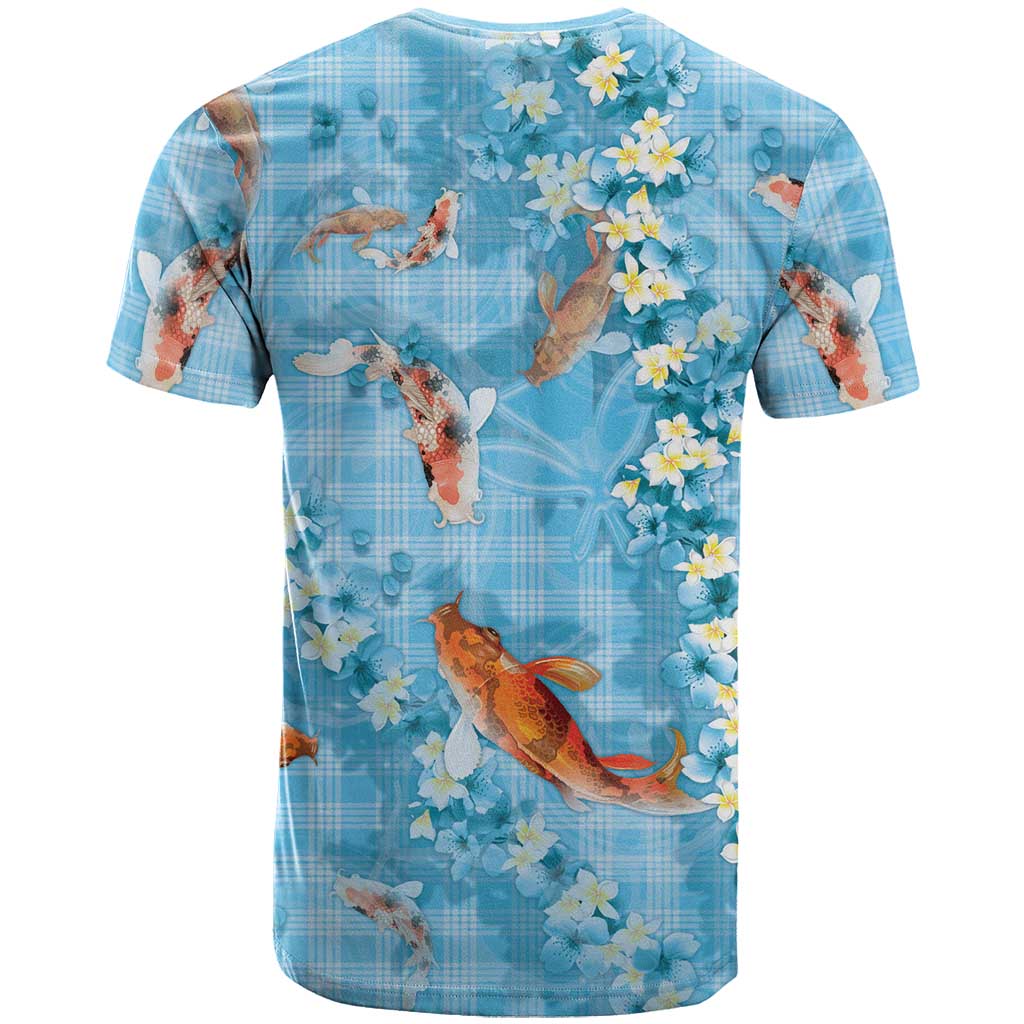 Blue Palaka Hawaiian And Japanese T Shirt Sakura Lei With Koi Fish DT05 - Polynesian Pride