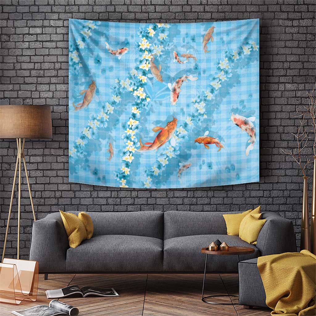 Blue Palaka Hawaiian And Japanese Tapestry Sakura Lei With Koi Fish DT05 Blue - Polynesian Pride