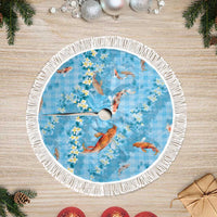 Blue Palaka Hawaiian And Japanese Tree Skirt Sakura Lei With Koi Fish DT05 Fringed Blue - Polynesian Pride
