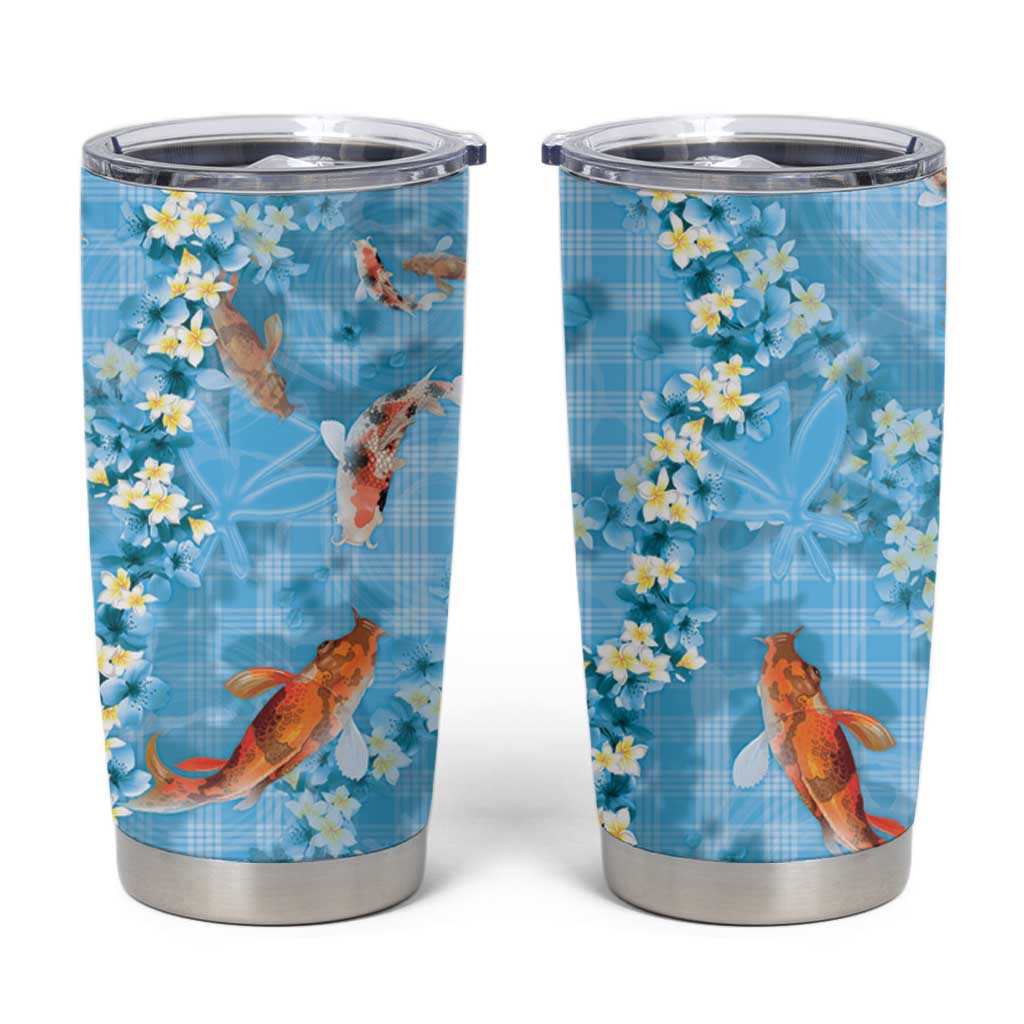 Blue Palaka Hawaiian And Japanese Tumbler Cup Sakura Lei With Koi Fish DT05 Blue - Polynesian Pride