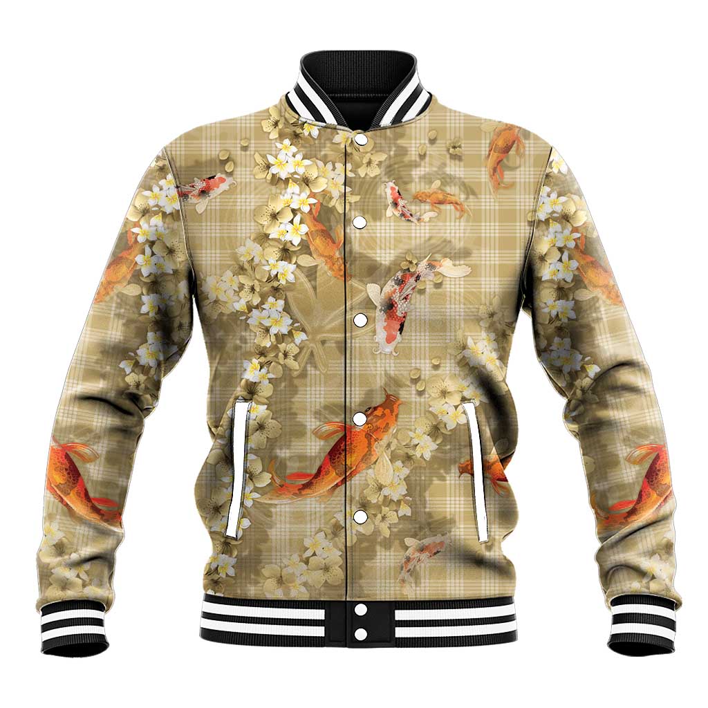 Beige Palaka Hawaiian And Japanese Baseball Jacket Sakura Lei With Koi Fish DT05 Unisex Beige - Polynesian Pride