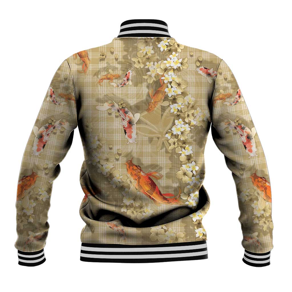 Beige Palaka Hawaiian And Japanese Baseball Jacket Sakura Lei With Koi Fish DT05 - Polynesian Pride
