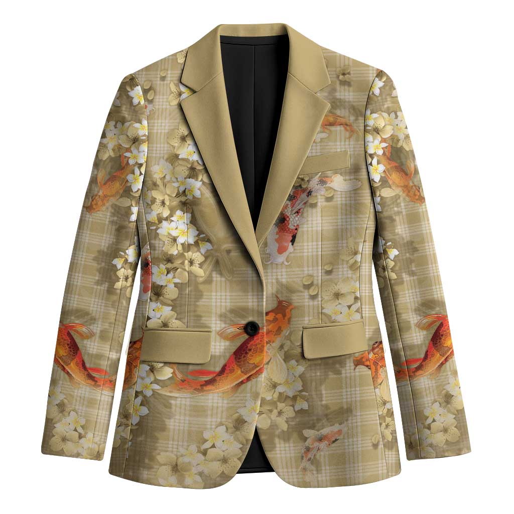 Beige Palaka Hawaiian And Japanese Blazer Sakura Lei With Koi Fish DT05 Unisex Beige - Polynesian Pride