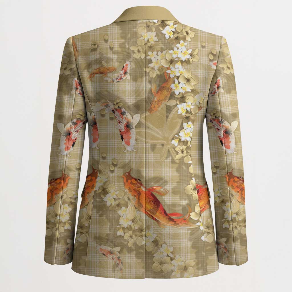 Beige Palaka Hawaiian And Japanese Blazer Sakura Lei With Koi Fish DT05 - Polynesian Pride