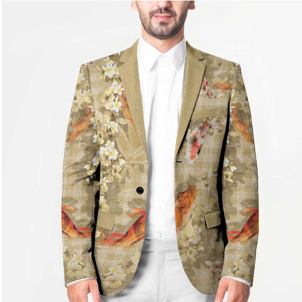 Beige Palaka Hawaiian And Japanese Blazer Sakura Lei With Koi Fish DT05 - Polynesian Pride