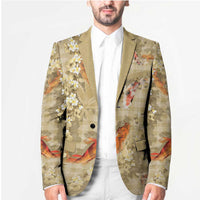 Beige Palaka Hawaiian And Japanese Blazer Sakura Lei With Koi Fish DT05 - Polynesian Pride