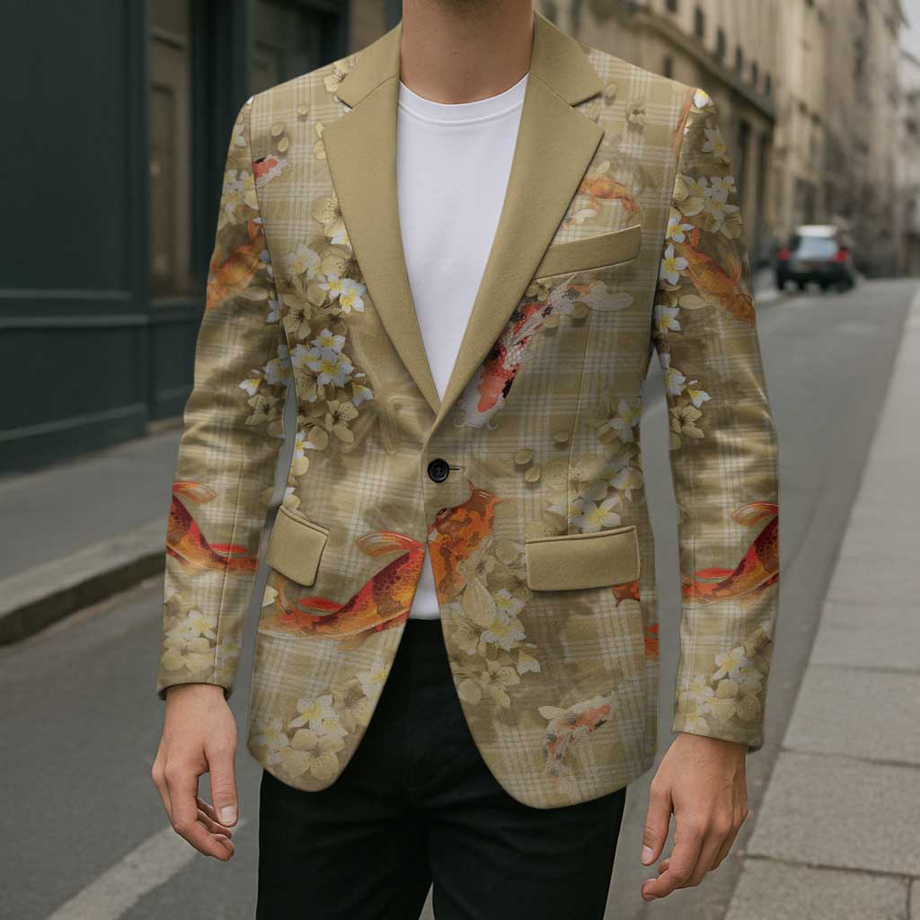 Beige Palaka Hawaiian And Japanese Blazer Sakura Lei With Koi Fish DT05 - Polynesian Pride