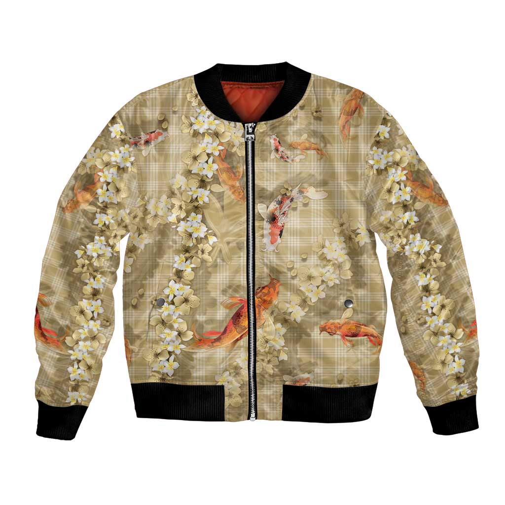 Beige Palaka Hawaiian And Japanese Bomber Jacket Sakura Lei With Koi Fish DT05 Unisex Beige - Polynesian Pride