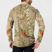 Beige Palaka Hawaiian And Japanese Button Sweatshirt Sakura Lei With Koi Fish DT05 - Polynesian Pride