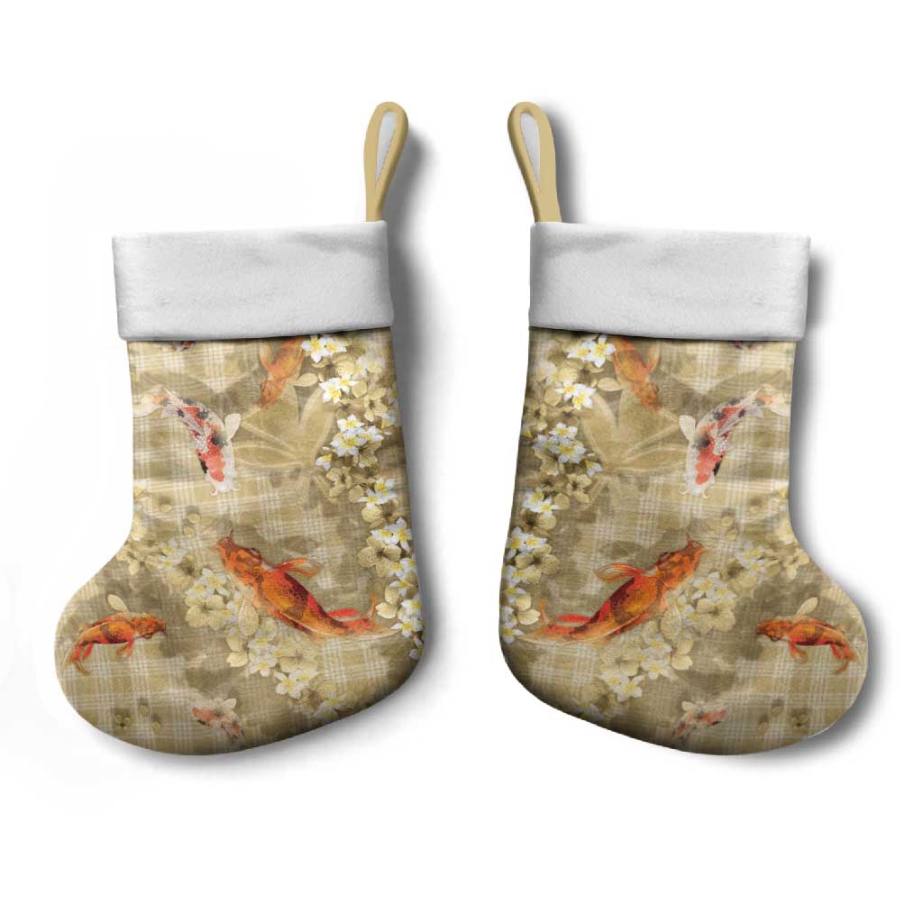 Beige Palaka Hawaiian And Japanese Christmas Stocking Sakura Lei With Koi Fish DT05 - Polynesian Pride