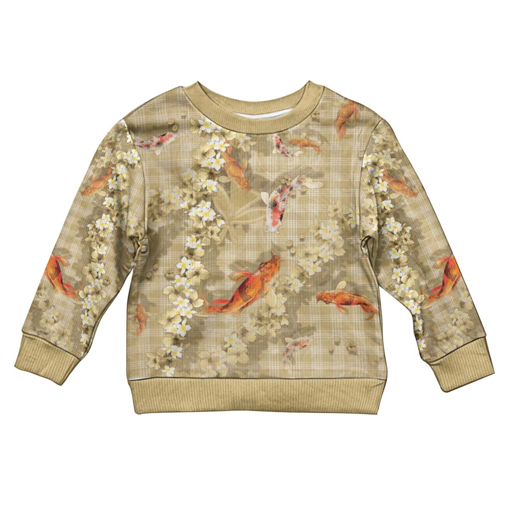 Beige Palaka Hawaiian And Japanese Kid Ugly Christmas Sweater Sakura Lei With Koi Fish DT05 Kid Beige - Polynesian Pride