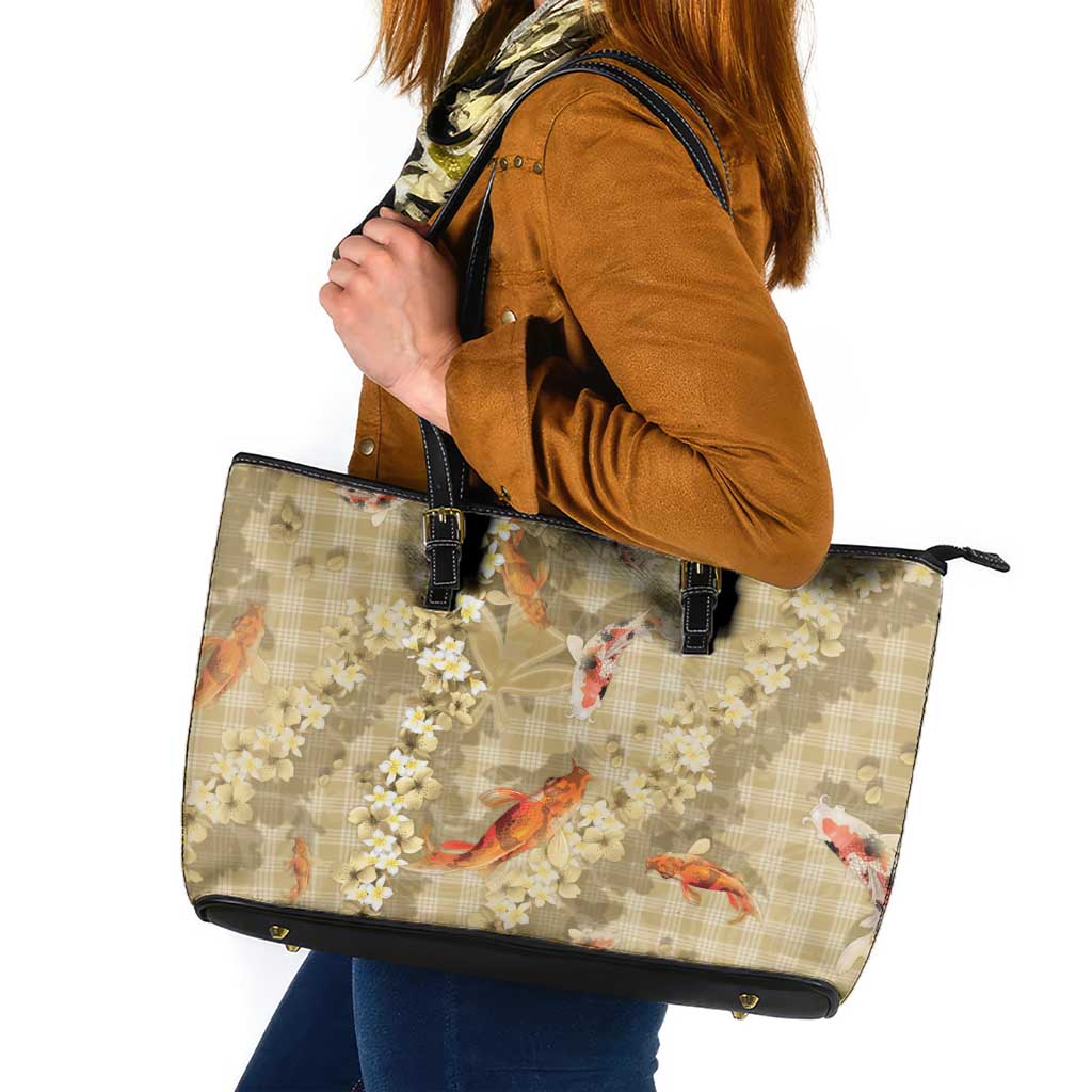 Beige Palaka Hawaiian and Japanese Leather Tote Bag - Sakura Lei With Koi Fish DT05 Beige - Polynesian Pride