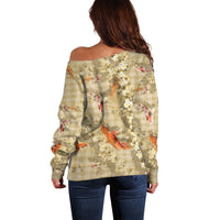Beige Palaka Hawaiian And Japanese Off Shoulder Sweater Sakura Lei With Koi Fish DT05 - Polynesian Pride