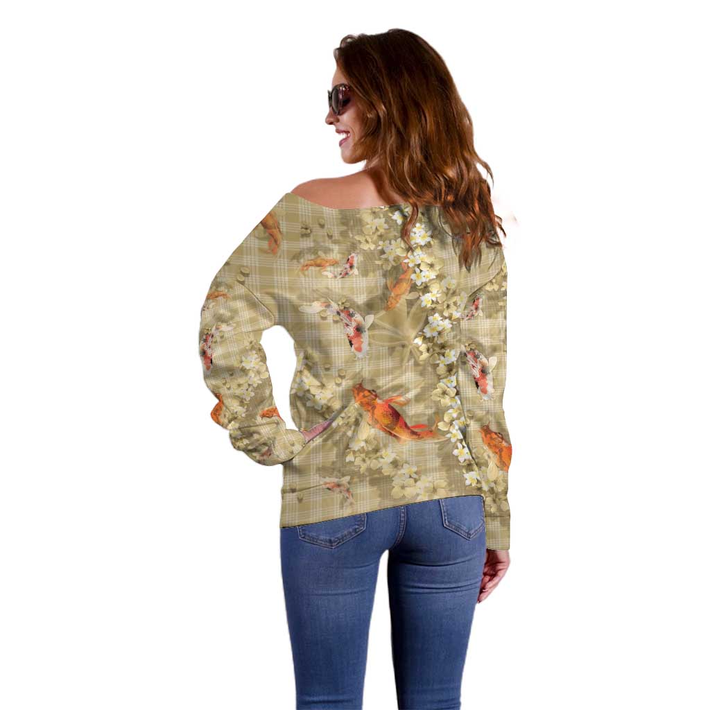 Beige Palaka Hawaiian And Japanese Off Shoulder Sweater Sakura Lei With Koi Fish DT05 - Polynesian Pride
