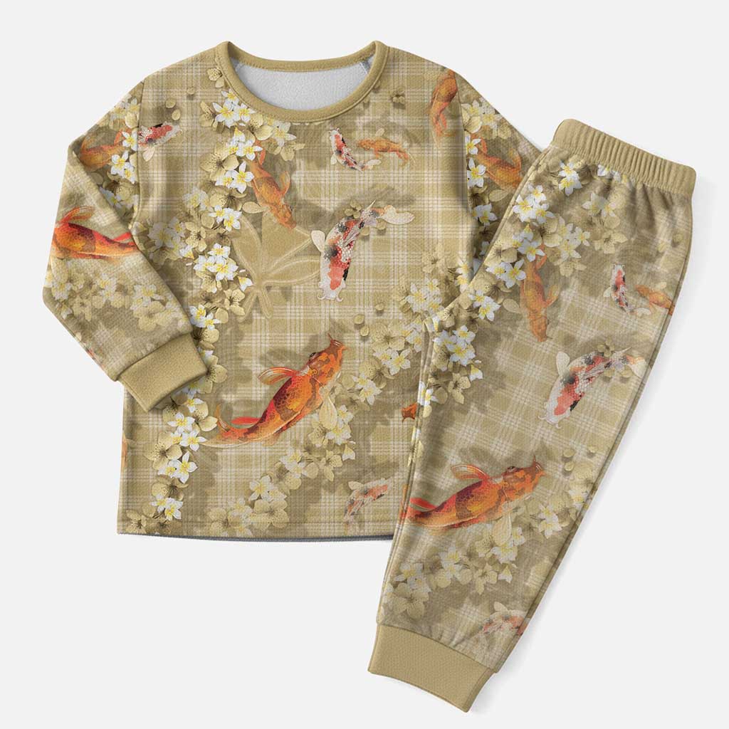 Beige Palaka Hawaiian And Japanese Christmas Pajama Set Sakura Lei With Koi Fish DT05 Men Beige - Polynesian Pride