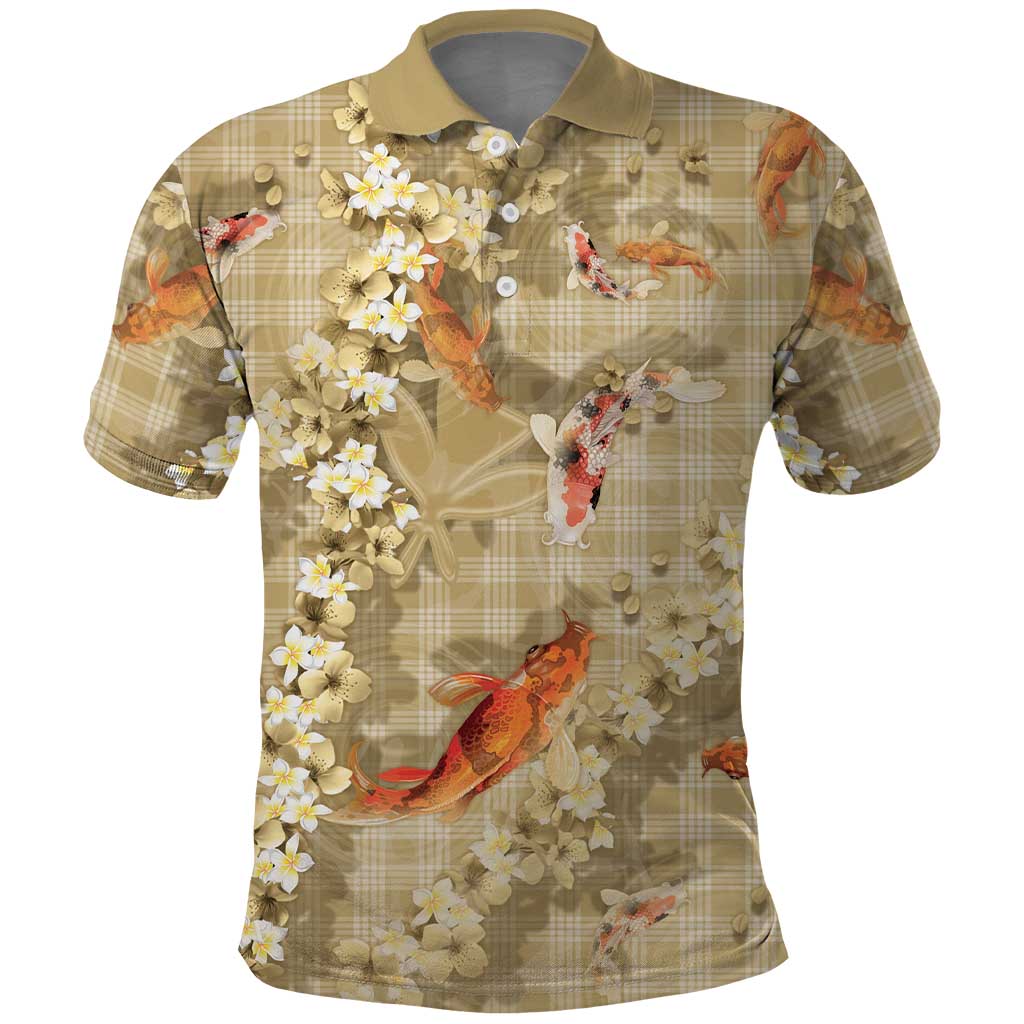 Beige Palaka Hawaiian and Japanese Polo Shirt - Sakura Lei With Koi Fish DT05 Beige - Polynesian Pride