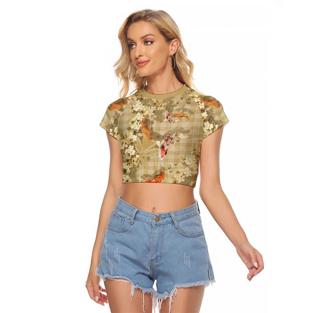 Beige Palaka Hawaiian And Japanese Raglan Cropped T Shirt Sakura Lei With Koi Fish DT05 Female Beige - Polynesian Pride