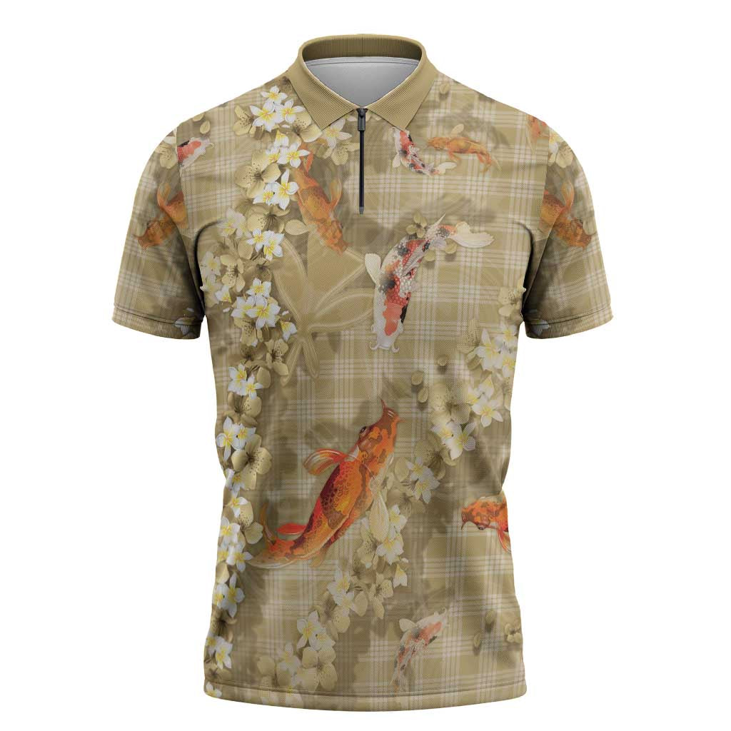Beige Palaka Hawaiian And Japanese Zipper Polo Shirt Sakura Lei With Koi Fish DT05 Beige - Polynesian Pride