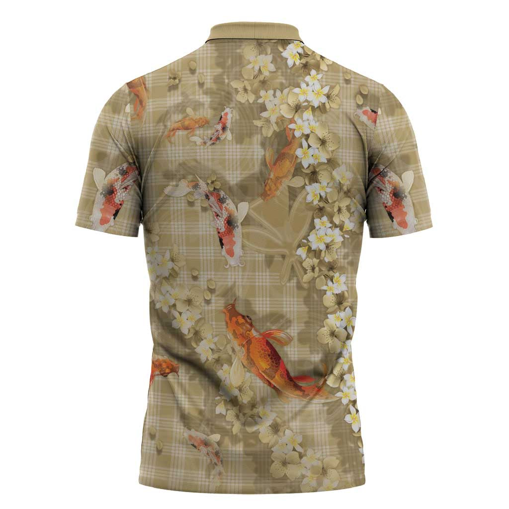 Beige Palaka Hawaiian And Japanese Zipper Polo Shirt Sakura Lei With Koi Fish DT05 - Polynesian Pride