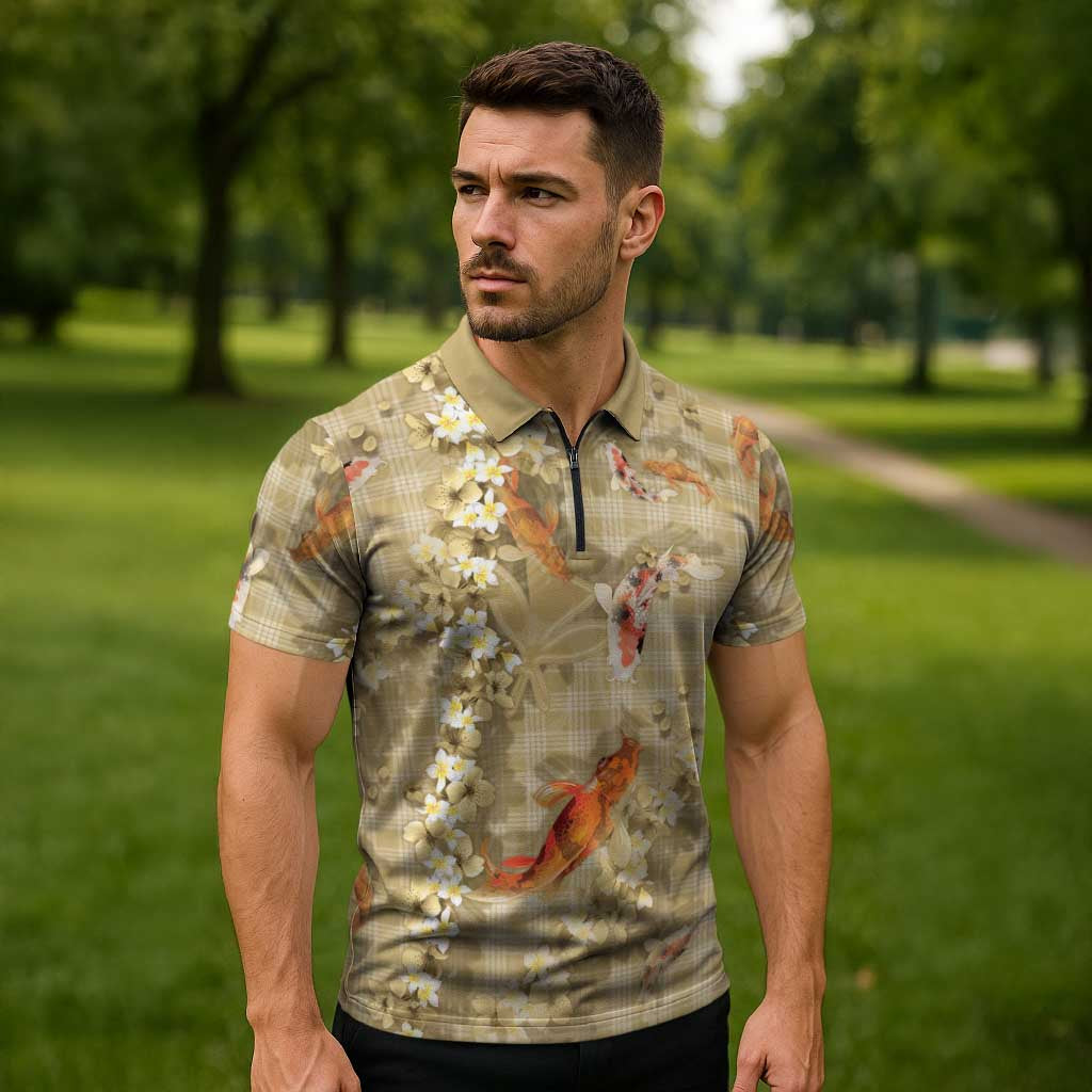 Beige Palaka Hawaiian And Japanese Zipper Polo Shirt Sakura Lei With Koi Fish DT05 - Polynesian Pride
