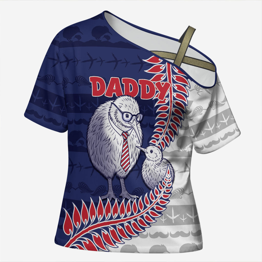 Personalised New Zealand Father's Day Cross Shoulder Shirt Daddy Kiwi Bird Silver Ferns