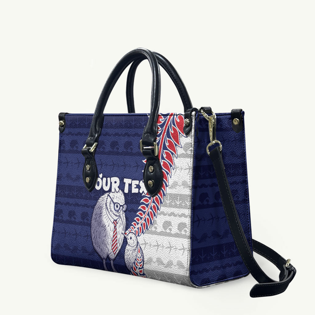 Personalised New Zealand Father's Day Leather Bag Daddy Kiwi Bird Silver Ferns DT05 Navy - Polynesian Pride