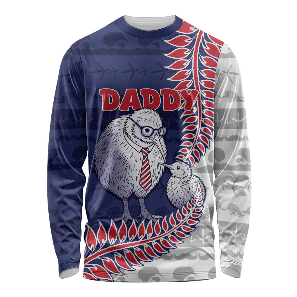 Personalised New Zealand Father's Day Long Sleeve Shirt Daddy Kiwi Bird Silver Ferns DT05 Unisex Navy - Polynesian Pride