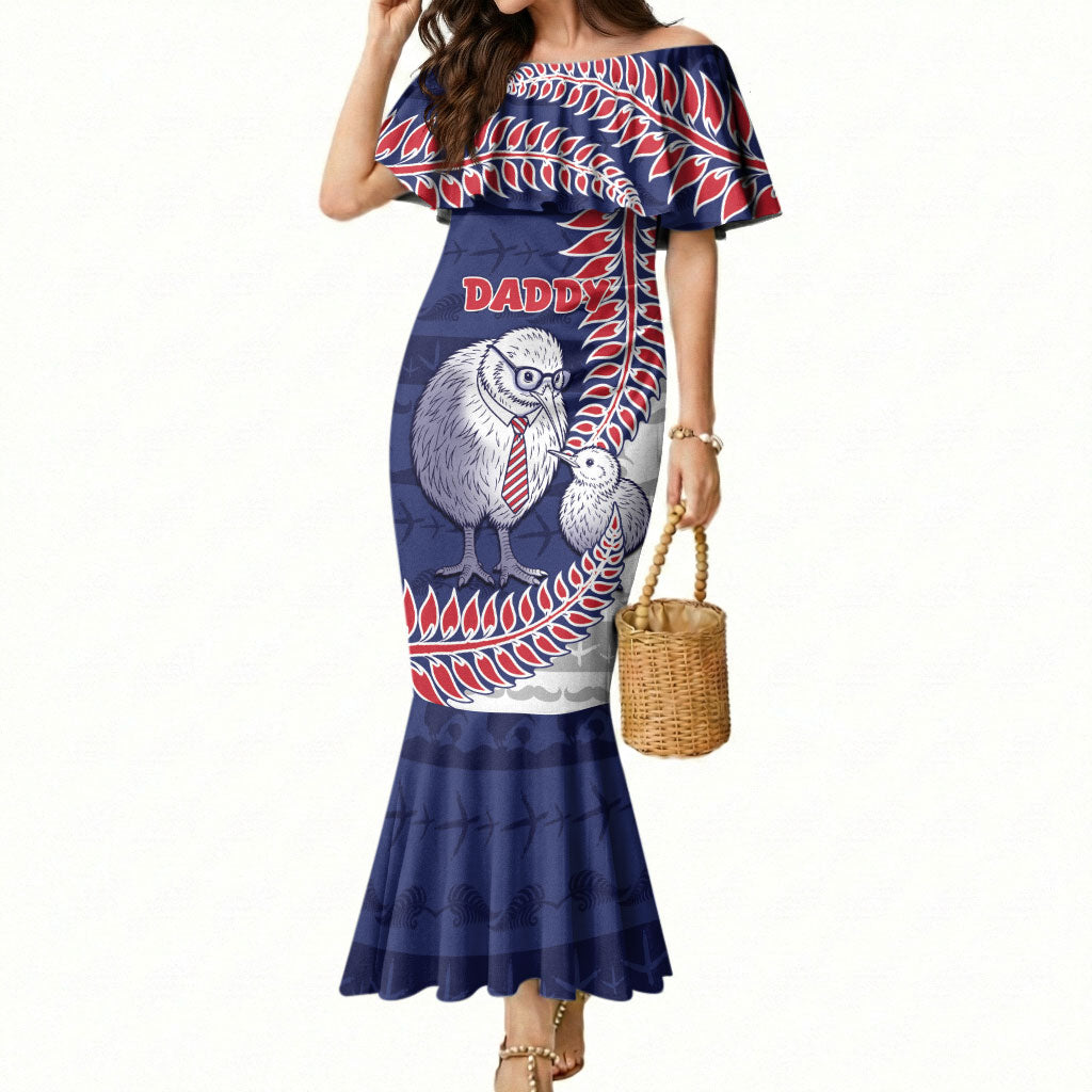 Personalised New Zealand Father's Day Mermaid Dress Daddy Kiwi Bird Silver Ferns DT05 Women Navy - Polynesian Pride