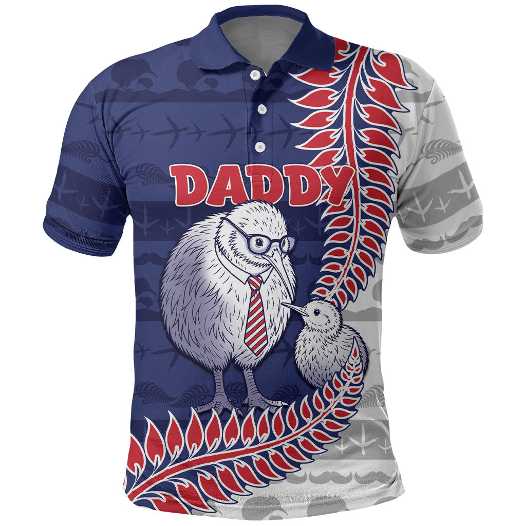 Personalised New Zealand Father's Day Polo Shirt Daddy Kiwi Bird Silver Ferns DT05 Navy - Polynesian Pride