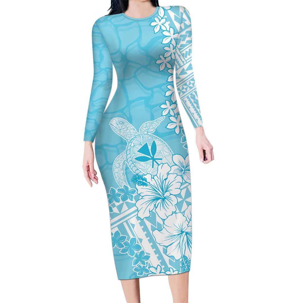 Hawaii Kanaka Maoli Long Sleeve Bodycon Dress Polynesian Turtle Tattoo DT05 Long Dress Blue - Polynesian Pride
