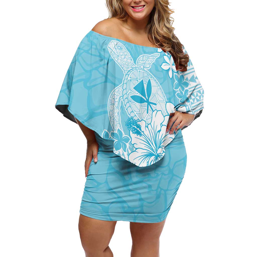 Hawaii Kanaka Maoli Off Shoulder Short Dress Polynesian Turtle Tattoo DT05 Women Blue - Polynesian Pride