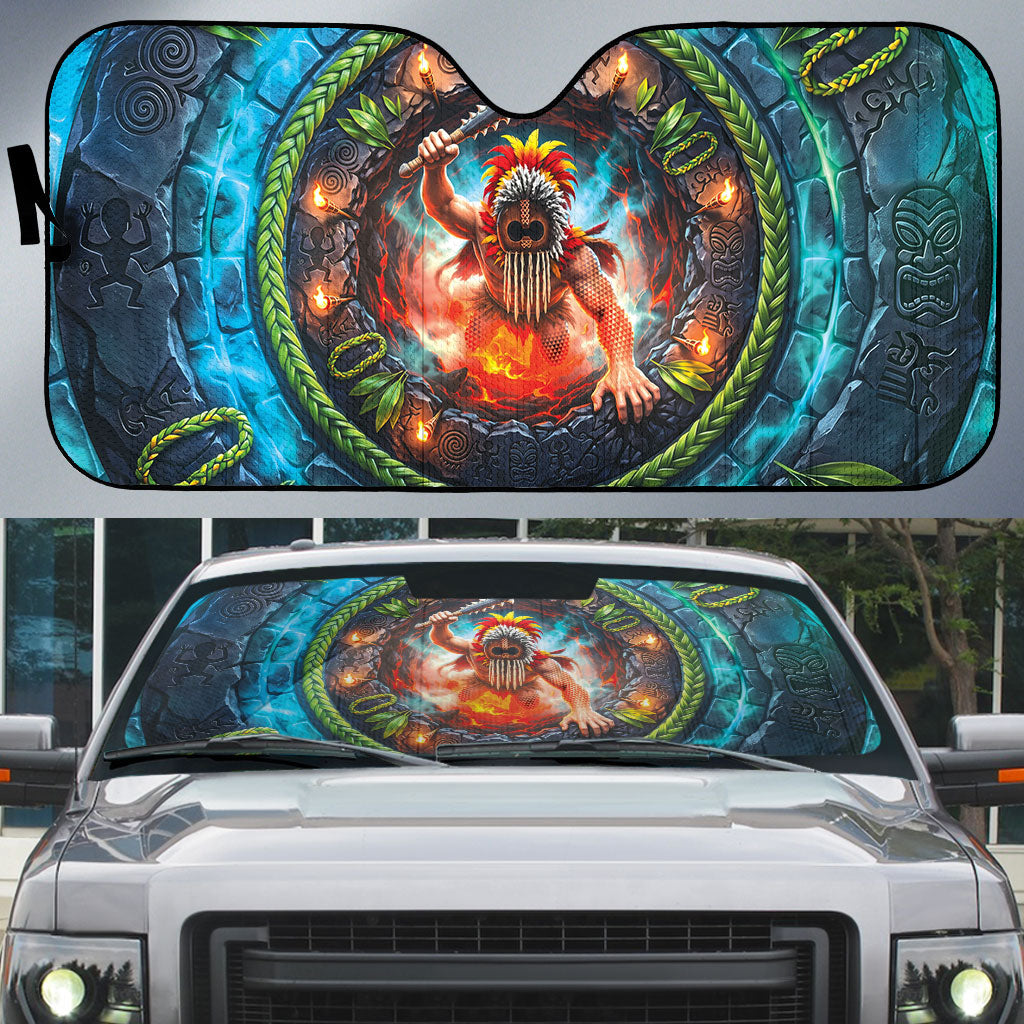3D Illusion Nightmarchers Halloween Auto Sun Shade Hawaiian Warrior Spirit Lava Portal DT05 Teal - Polynesian Pride