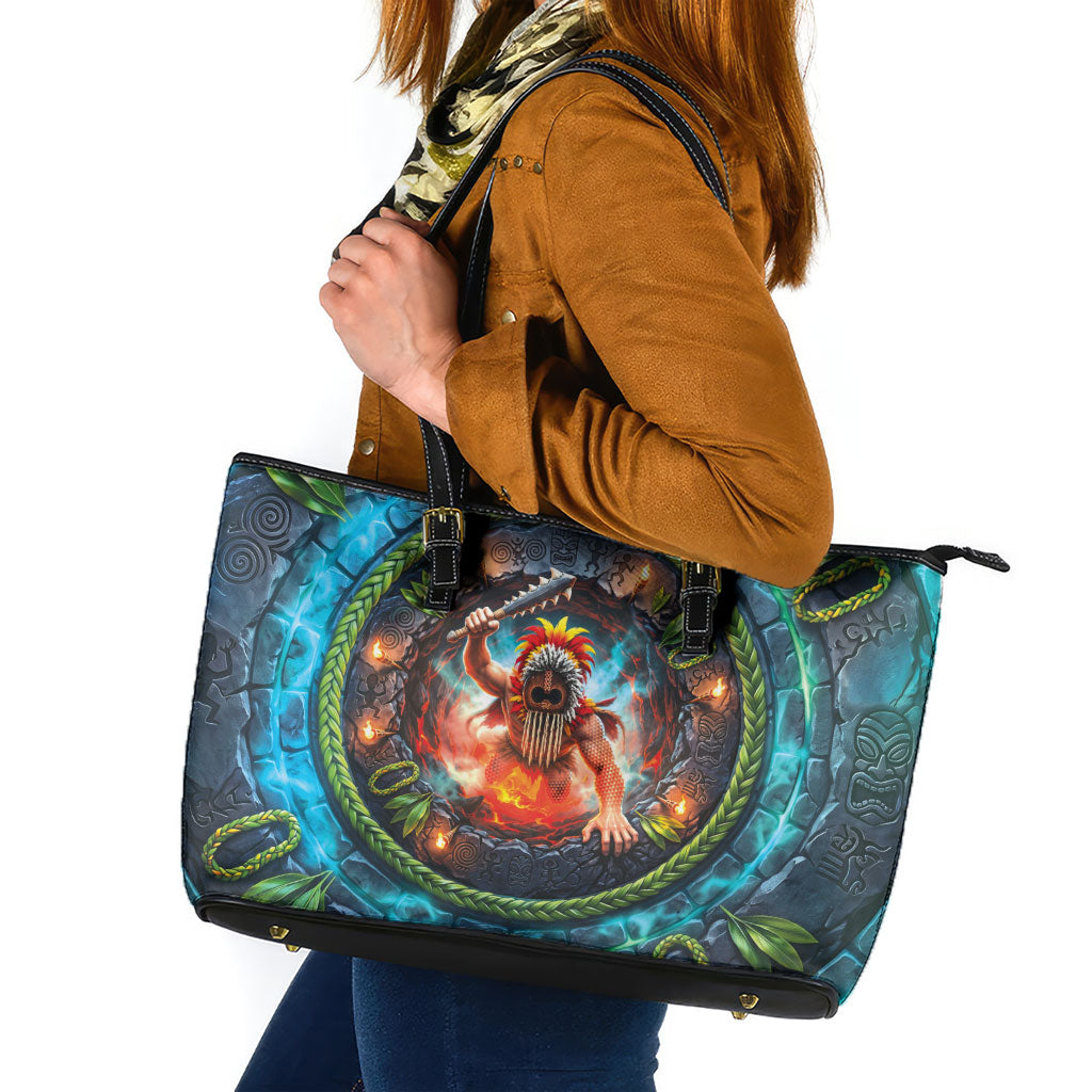 3D Illusion Nightmarchers Halloween Leather Tote Bag Hawaiian Warrior Spirit Lava Portal DT05 Teal - Polynesian Pride
