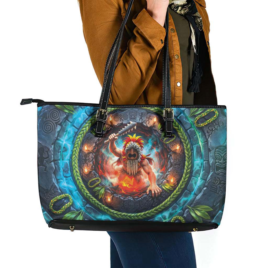 3D Illusion Nightmarchers Halloween Leather Tote Bag Hawaiian Warrior Spirit Lava Portal DT05 - Polynesian Pride