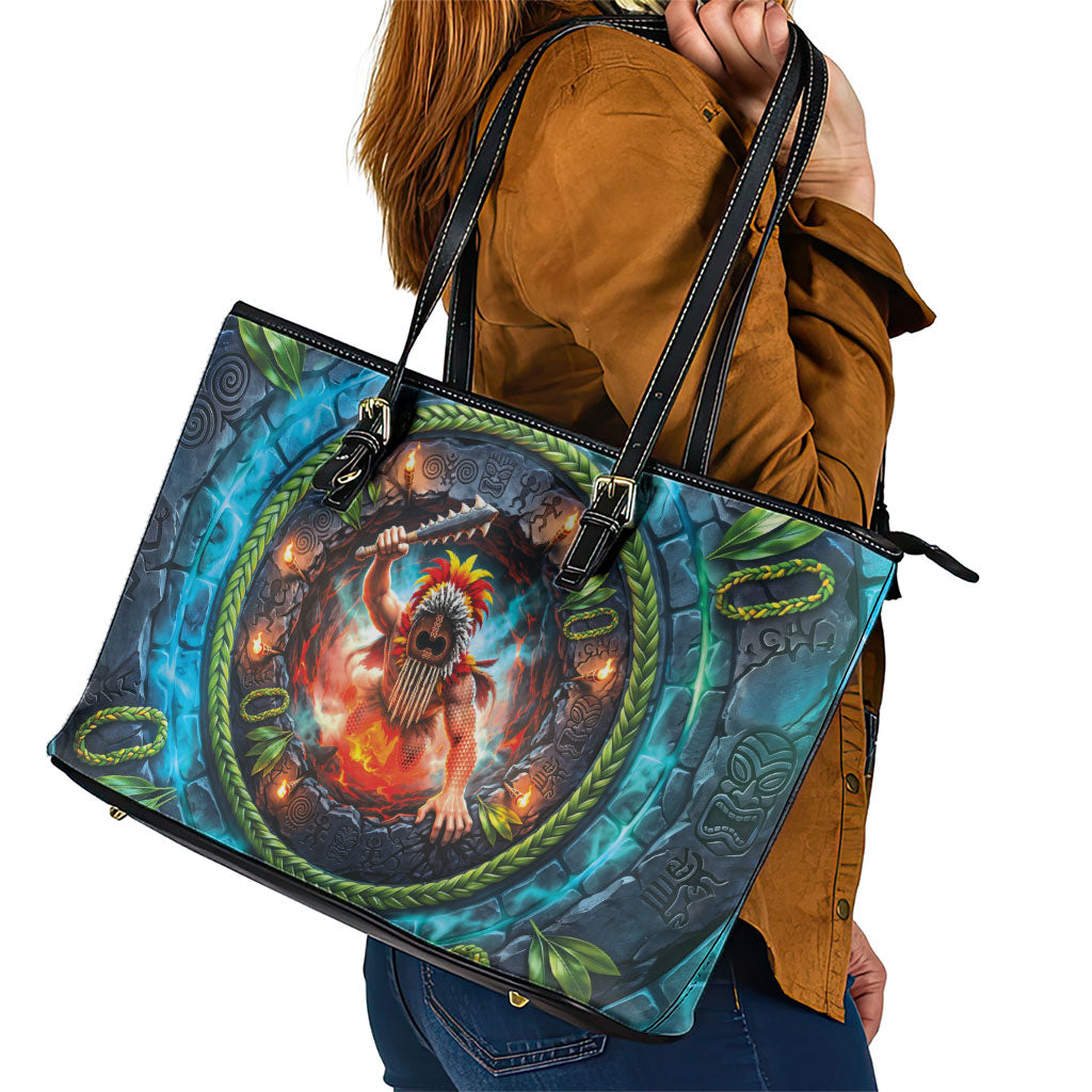 3D Illusion Nightmarchers Halloween Leather Tote Bag Hawaiian Warrior Spirit Lava Portal DT05 - Polynesian Pride