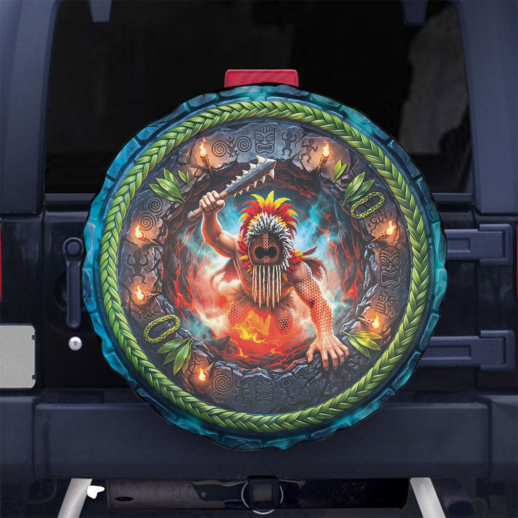 3D Illusion Nightmarchers Halloween Spare Tire Cover Hawaiian Warrior Spirit Lava Portal DT05 No hole Teal - Polynesian Pride