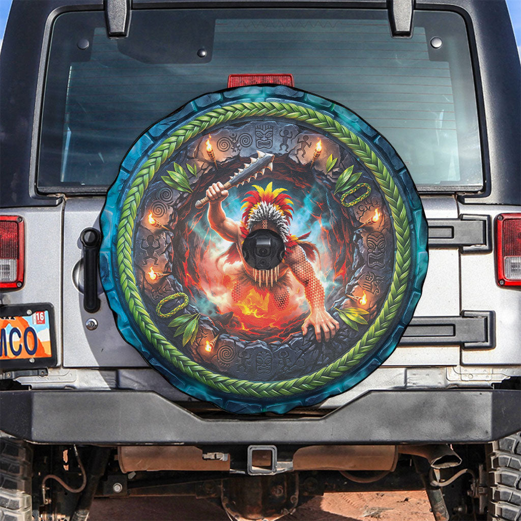 3D Illusion Nightmarchers Halloween Spare Tire Cover Hawaiian Warrior Spirit Lava Portal DT05 Teal - Polynesian Pride