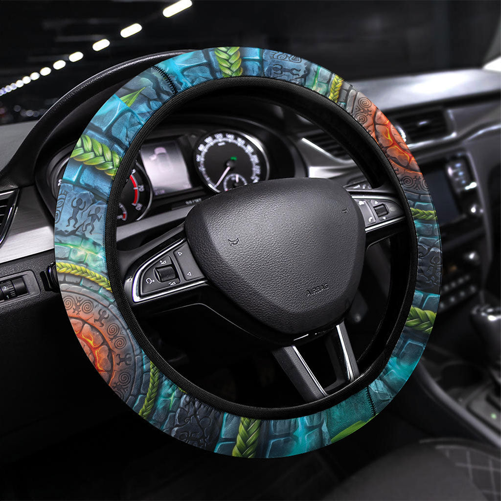 3D Illusion Nightmarchers Halloween Steering Wheel Cover Hawaiian Warrior Spirit Lava Portal DT05 Universal Fit Teal - Polynesian Pride