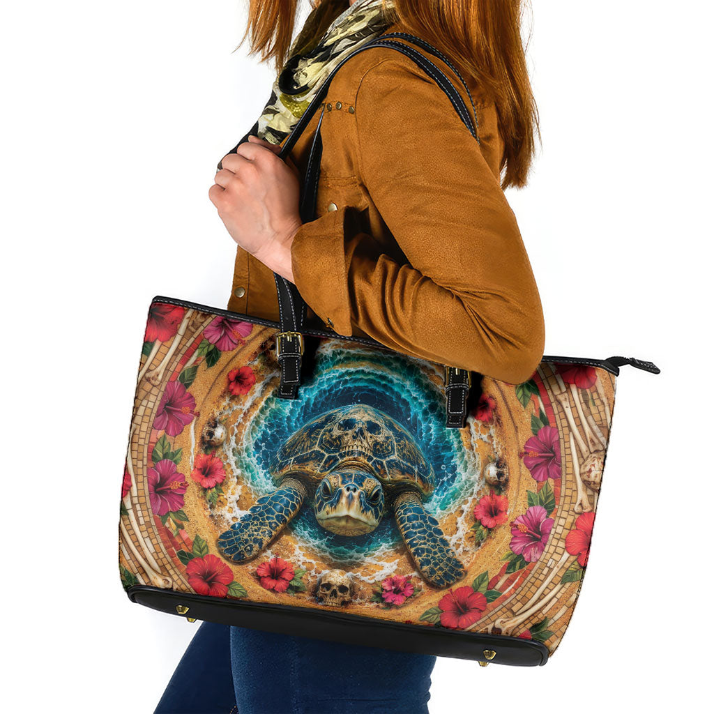 3D Illusion Honu Halloween Leather Tote Bag Hawaiian Sea Turtle Skull Shell Vortex