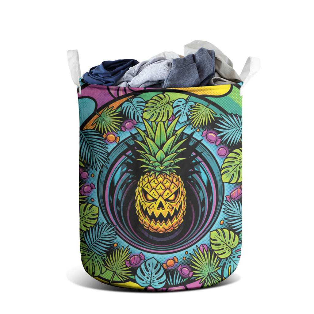 3D Illusion Pineapple Jack O Lantern Halloween Laundry Basket Tropical Spooky Fruit Monstera Swirl