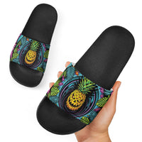 3D Illusion Pineapple Jack O Lantern Halloween Slide Sandals Tropical Spooky Fruit Monstera Swirl