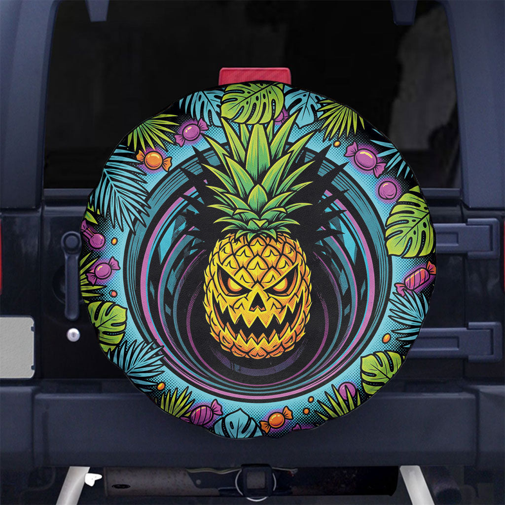3D Illusion Pineapple Jack O Lantern Halloween Spare Tire Cover Tropical Spooky Fruit Monstera Swirl