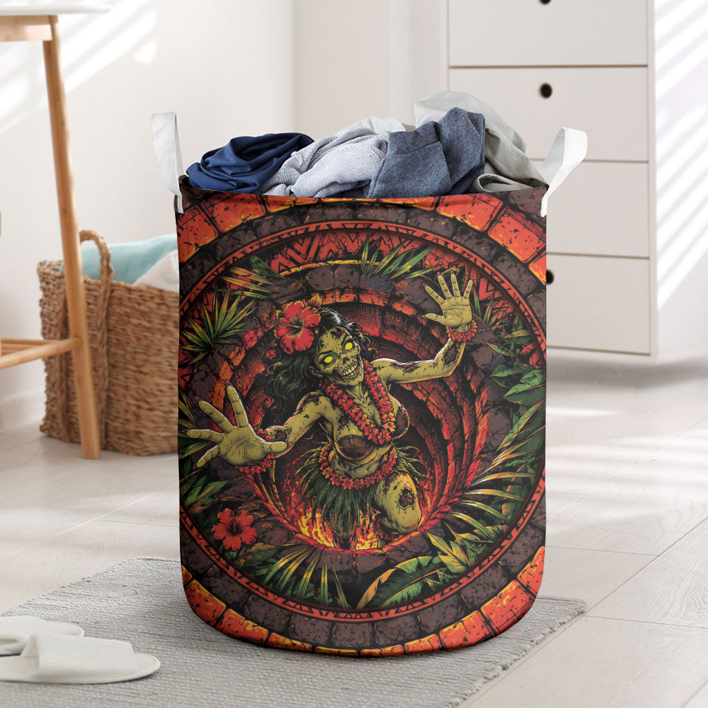 3D Illusion Hula Zombie Halloween Laundry Basket Hawaiian Undead Dancer Volcano Stone Well