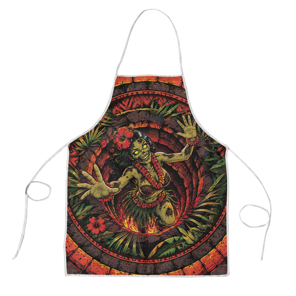 3D Illusion Hula Zombie Halloween Apron Hawaiian Undead Dancer Volcano Stone Well