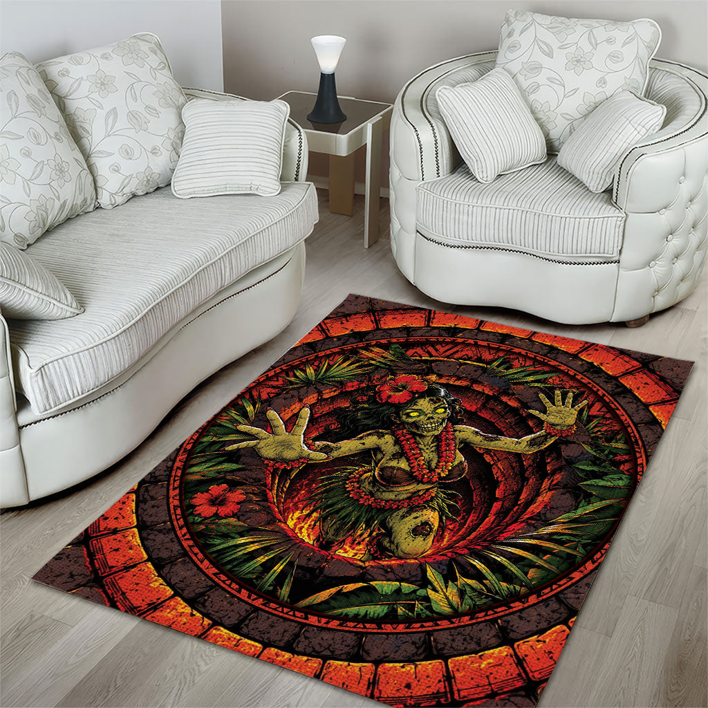 3D Illusion Hula Zombie Halloween Area Rug Hawaiian Undead Dancer Volcano Stone Well