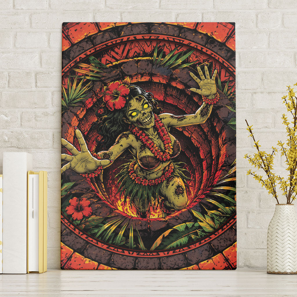 3D Illusion Hula Zombie Halloween Canvas Wall Art Hawaiian Undead Dancer Volcano Stone Well