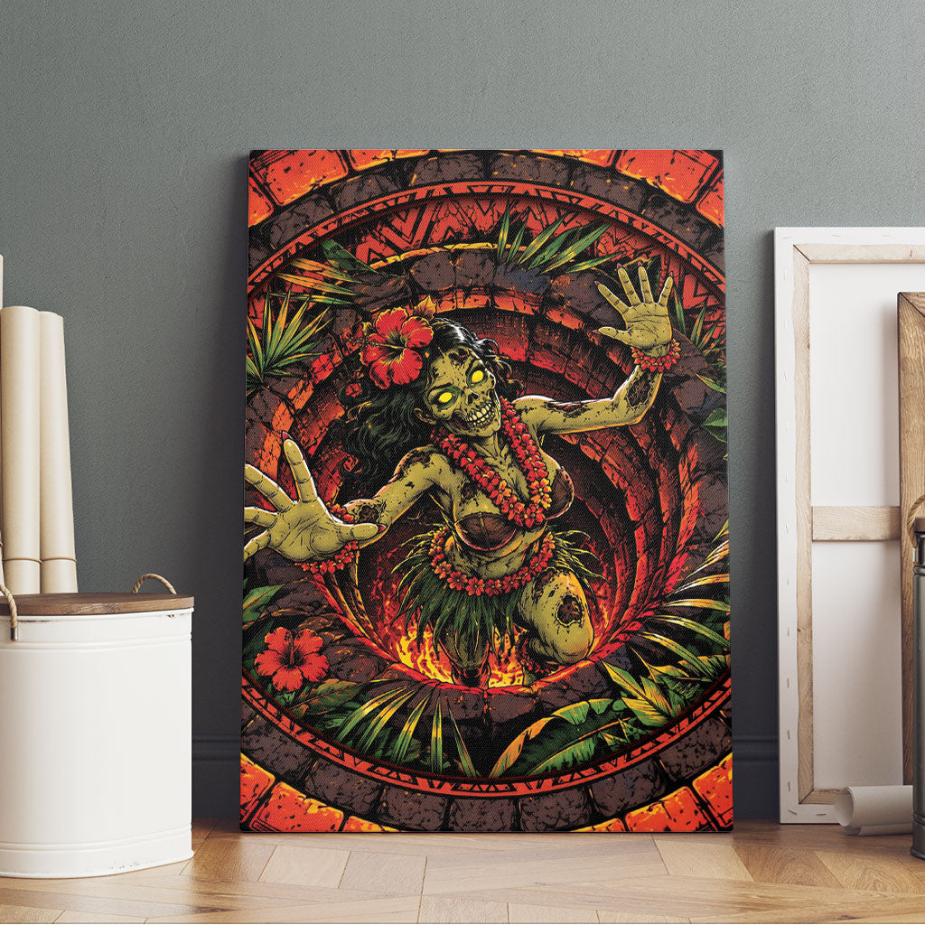 3D Illusion Hula Zombie Halloween Canvas Wall Art Hawaiian Undead Dancer Volcano Stone Well