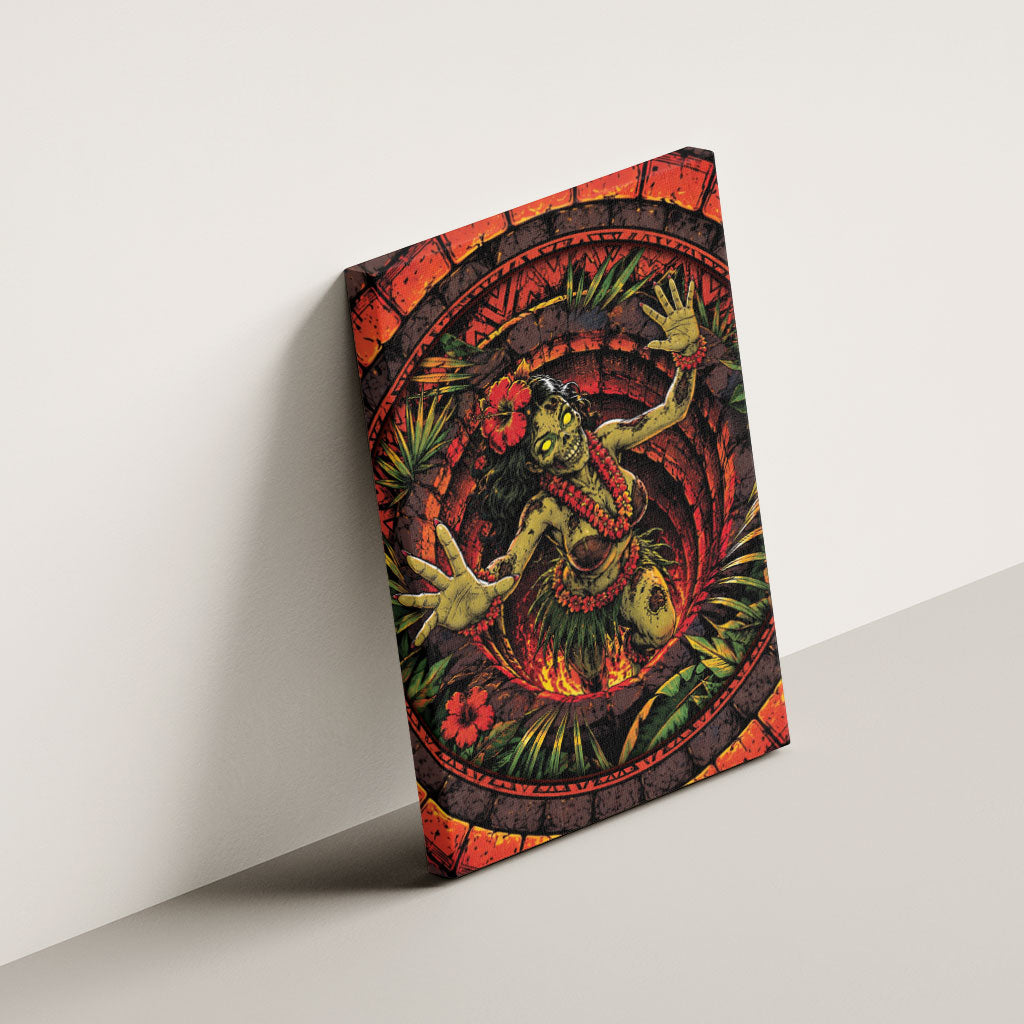 3D Illusion Hula Zombie Halloween Canvas Wall Art Hawaiian Undead Dancer Volcano Stone Well