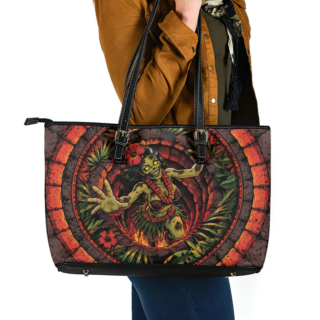 3D Illusion Hula Zombie Halloween Leather Tote Bag Hawaiian Undead Dancer Volcano Stone Well