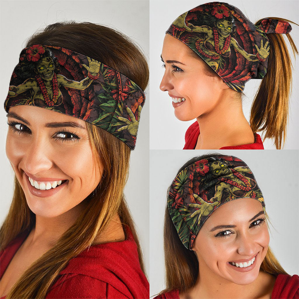 3D Illusion Hula Zombie Halloween Neck Gaiter Hawaiian Undead Dancer Volcano Stone Well